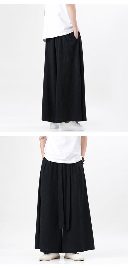 Mens Chinese Style Hanfu Linen Nine Point Retro Wide Leg Pants