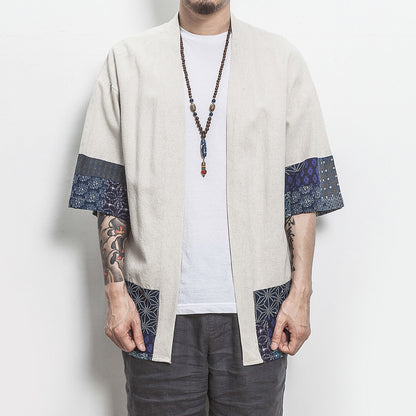 Summer Chinese Hanfu Cardigan Men’s Cotton Linen Patchwork Robe
