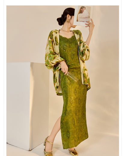 Velvet Burnout Jacket & Printed Cardigan Dress Set for Autumn