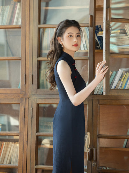 Navy Blue Sleeveless Cheongsam – Youth Slim Daily Dress