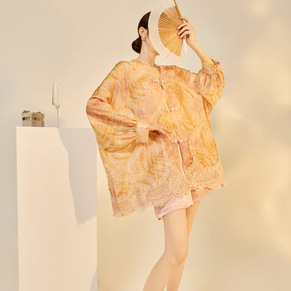 Autumn Chinese Style Lace Patchwork Shirt | Slim Embroidered V-Collar Top