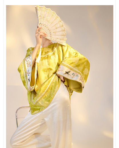 Elegant Yellow Jacquard Rayon Shirt New Chinese Style Top 2026