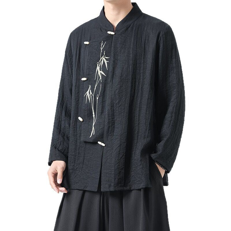 Chinese Style Mens Slanted Collar Hanfu Shirt Long Sleeve Tea Dress