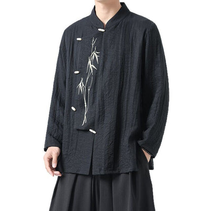 Chinese Style Mens Slanted Collar Hanfu Shirt Long Sleeve Tea Dress