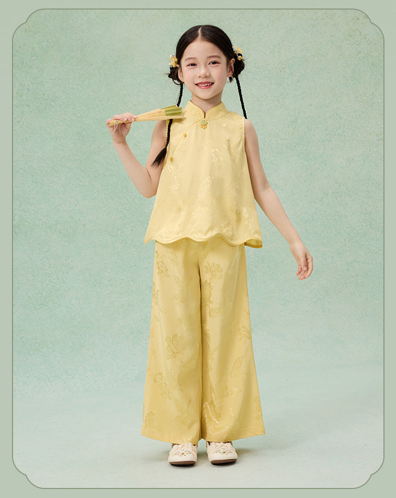National Style Hanfu-Inspired Summer Set — Top & Pants for Children