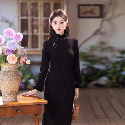 2025 New Black Thickened Cheongsam | Elegant Daily Warm Winter Dress