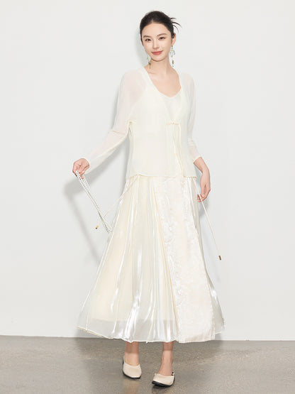 Chic Long Patchwork Mesh Skirt with Design Details