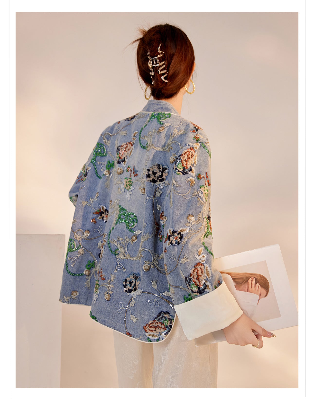 Blue Sequin Embroidered Denim Jacket High-End New Chinese Style