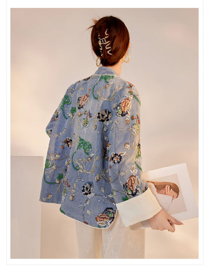 Blue Sequin Embroidered Denim Jacket High-End New Chinese Style