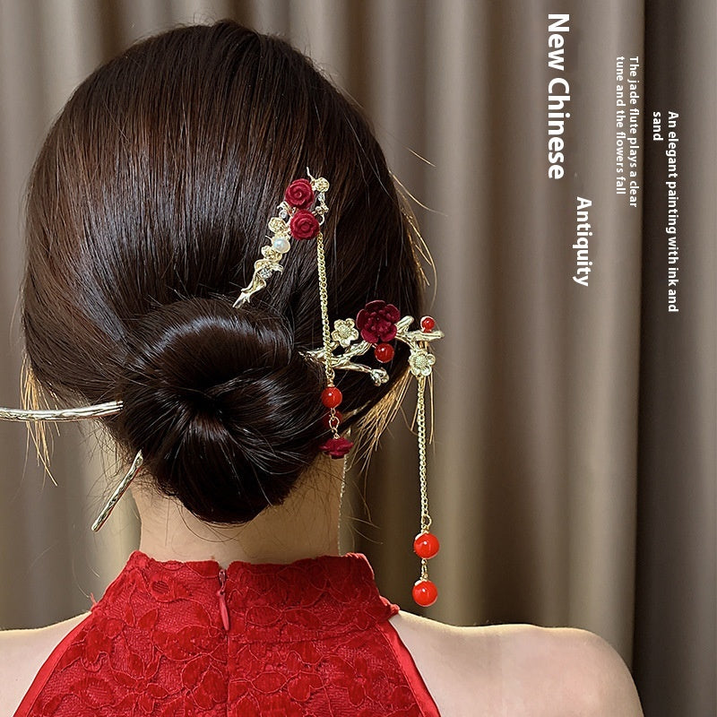 Velvet Rose Hairpin | Elegant Chinese Style Ancient Tassel Ornament