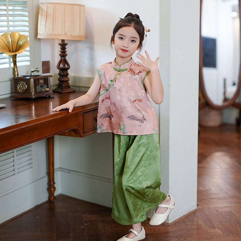 Retro Chinese Style Girls Two-Piece — Summer Cheongsam Top & Skirt