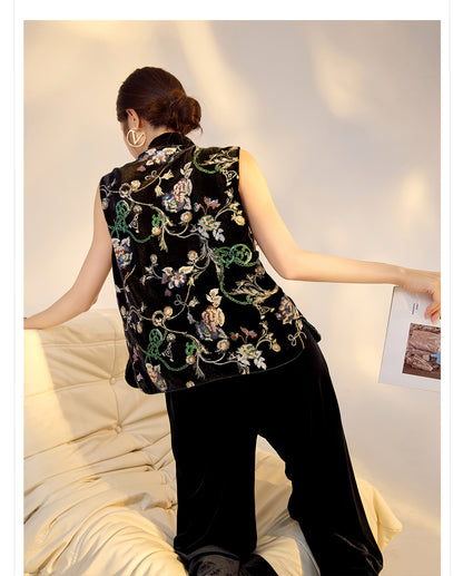Elegant Velvet Floral Sequin Vest – High-End Women's Fashion