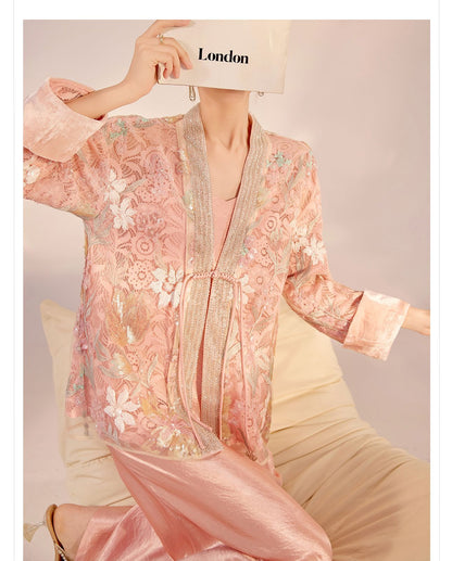 Spring New Chinese Style Velvet Sequin Embroidered Mesh Blouse