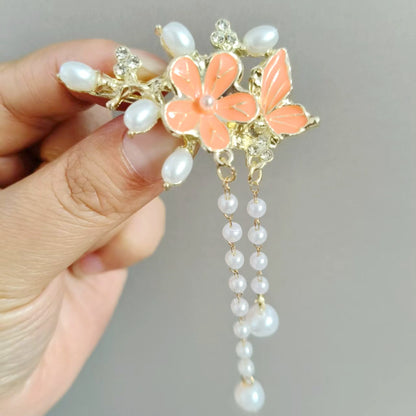 Blue Enamel Hair Clip Chinese Style Pearl Tassel Butterfly Hairpin