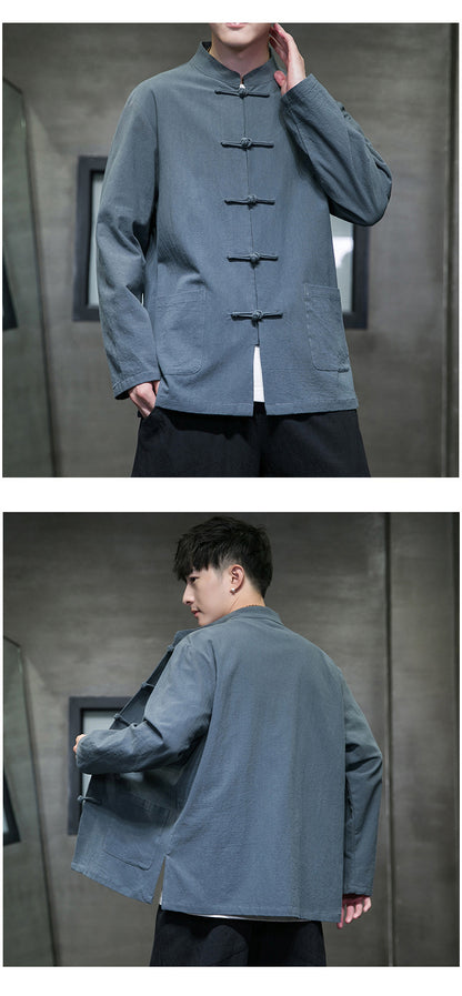 Mens Autumn Chinese Style Hanfu Tang Suit Button Up Cotton Linen Top