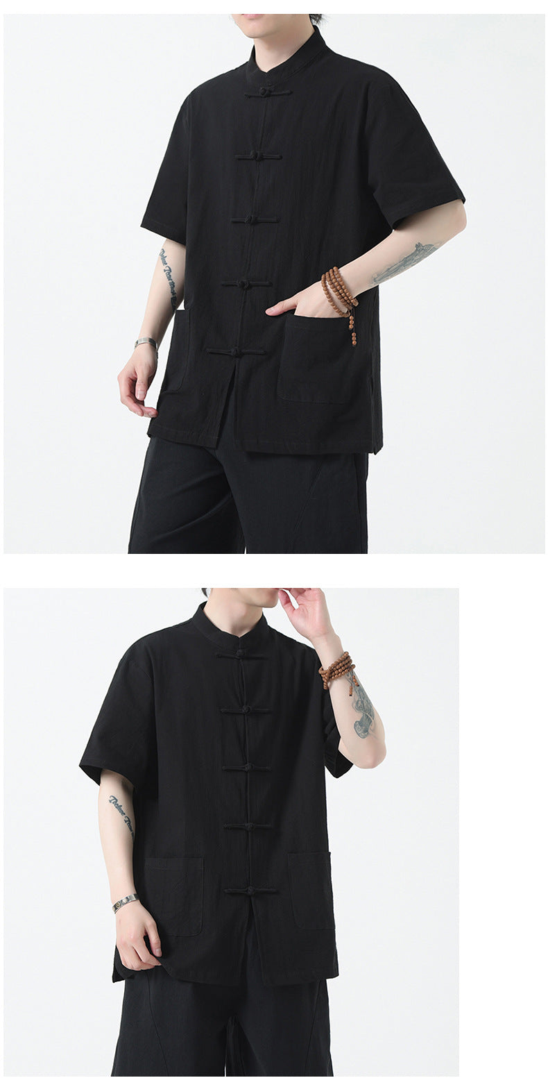 Chinese Style Mens Cotton Linen Shirt Half Sleeve Button Up Casual Top