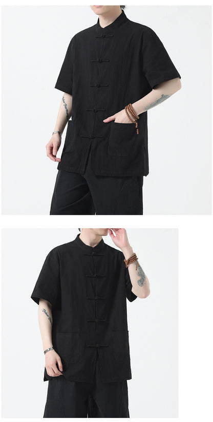 Chinese Style Mens Cotton Linen Shirt Half Sleeve Button Up Casual Top