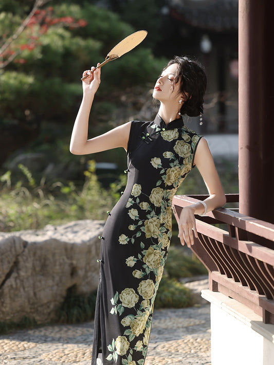 Elegant Dark Green Cheongsam – Retro Spring High-End Dress
