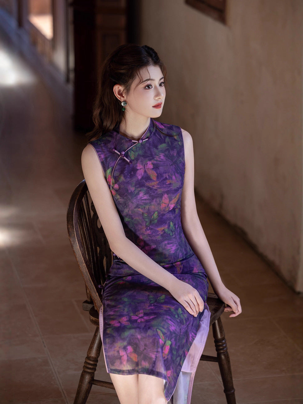 Purple Chinese Style Qipao – Butterfly Elegant Daily Dress