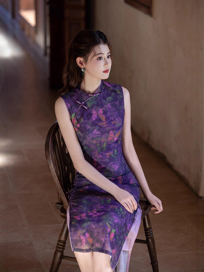 Purple Chinese Style Qipao – Butterfly Elegant Daily Dress