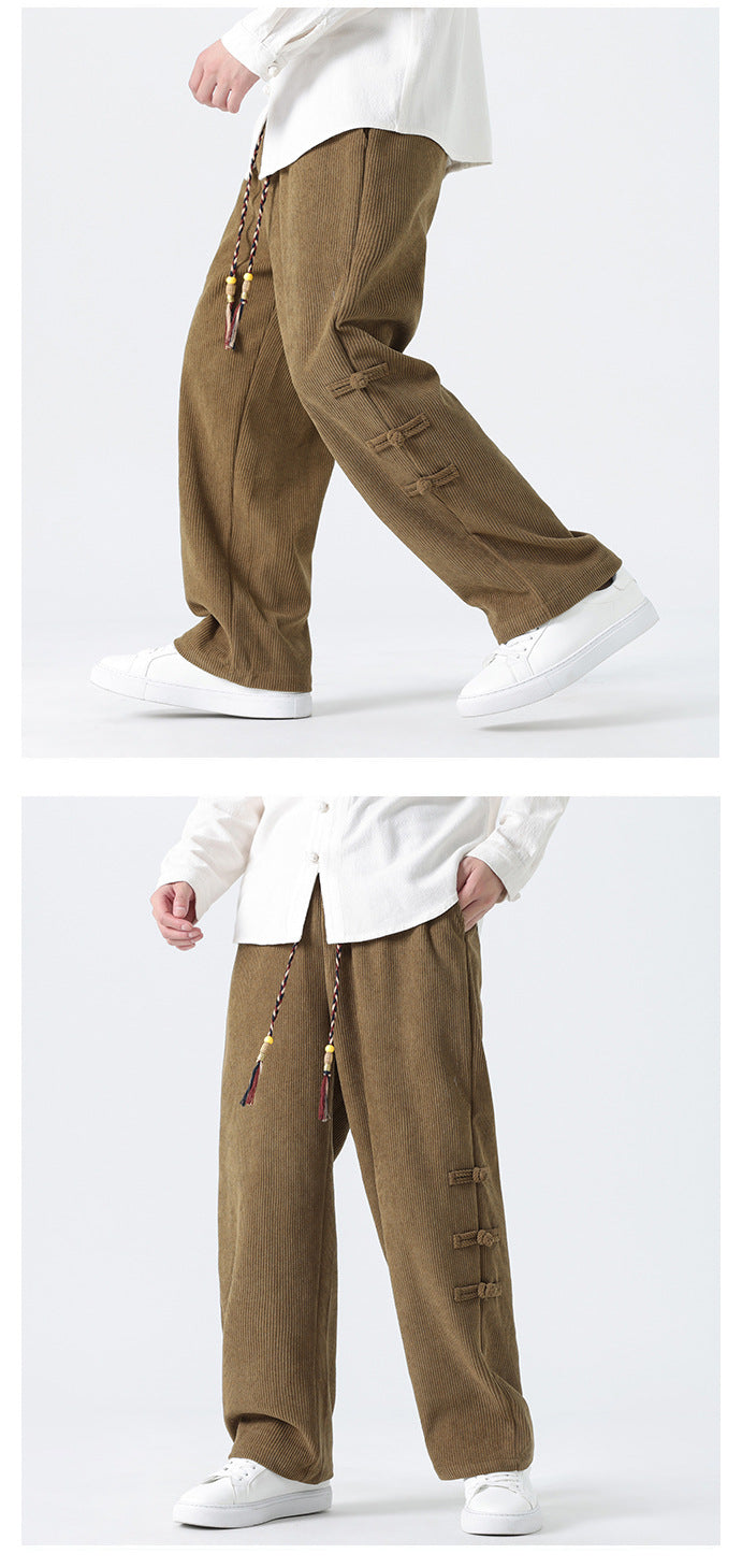 Chinese Style Mens Button Corduroy Pants Large Size Casual Sweatpants