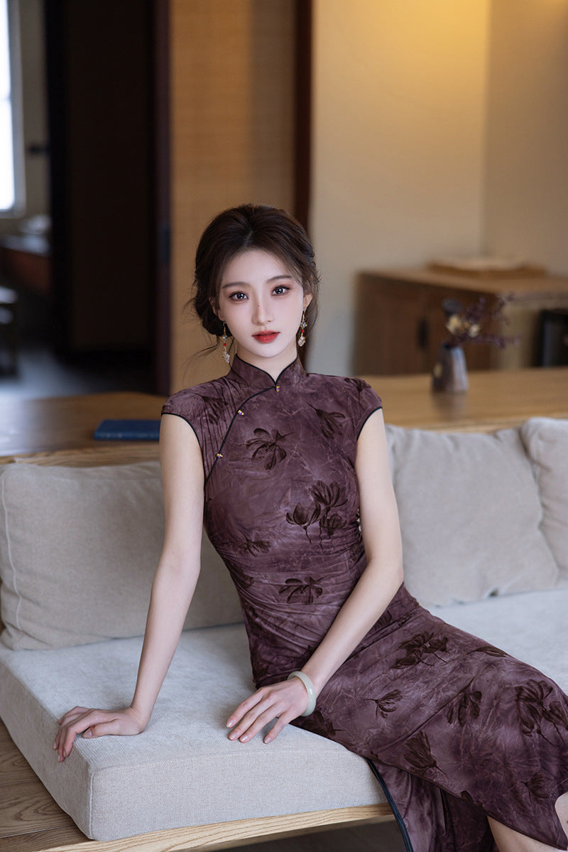 Elegant Purple Cheongsam – 2025 Slim Fit Retro Dress