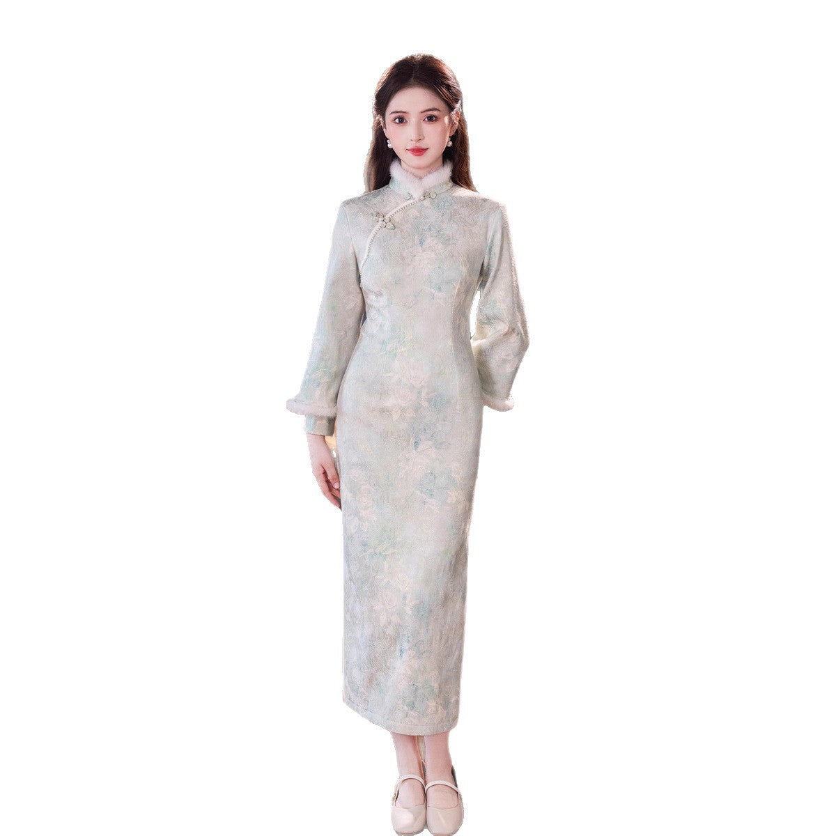 Elegant Satin Beaded Winter Qipao | Fleece-Lined Thickened Long Dress