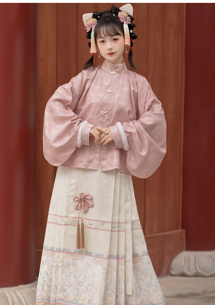 Trees of Sea Women Ming Hanfu Set: Embroidered Stand Collar Jacket & Horse Face Skirt New Year