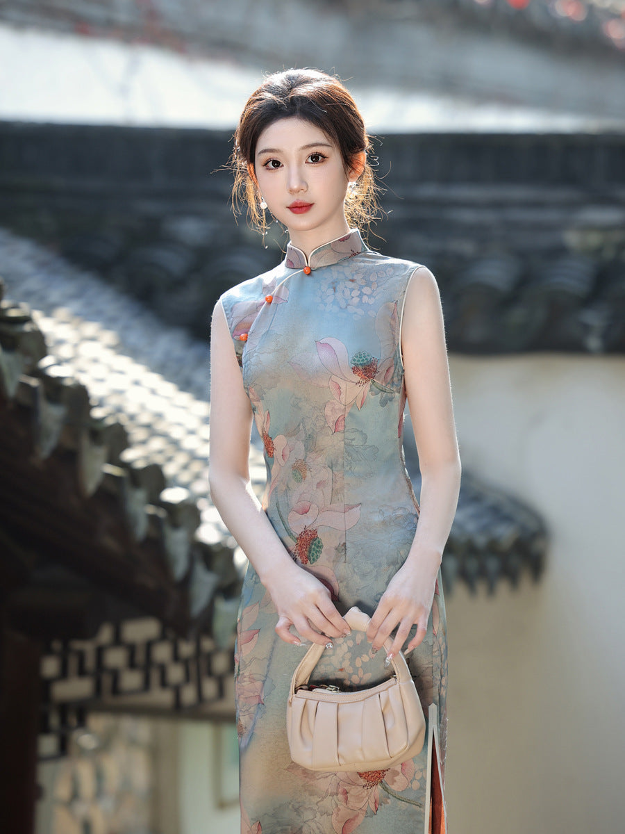 Oil Painting Print Sleeveless Cheongsam – Elegant Slim Dress