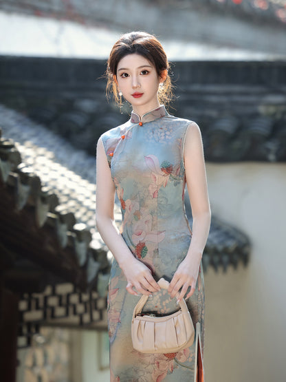 Oil Painting Print Sleeveless Cheongsam – Elegant Slim Dress