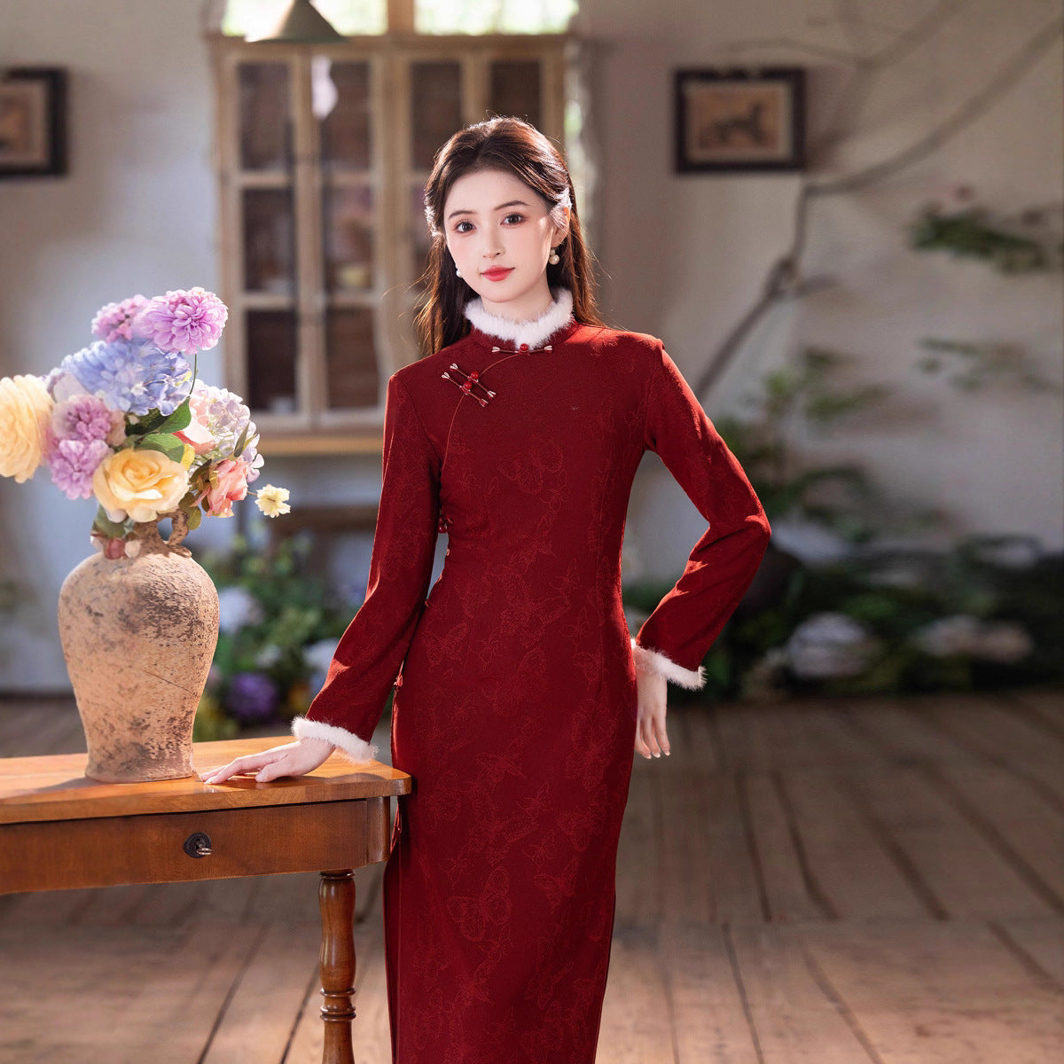 2025 New Red Velvet Cheongsam | Daily & Engagement Warm Dress