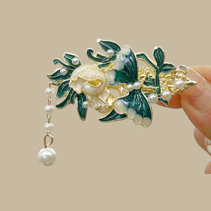 Blue Enamel Hair Clip Chinese Style Pearl Tassel Butterfly Hairpin