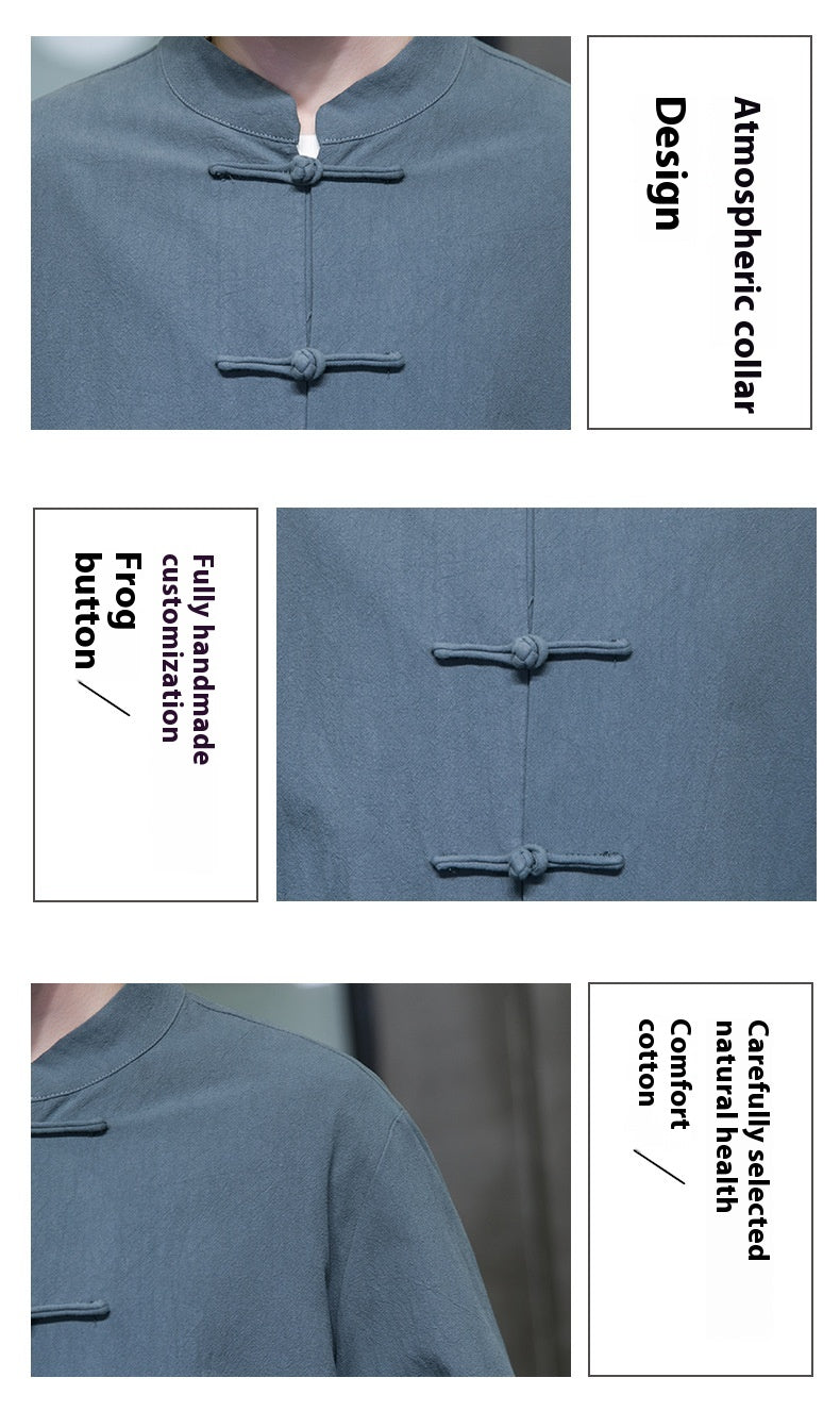 Mens Autumn Chinese Style Hanfu Tang Suit Button Up Cotton Linen Top