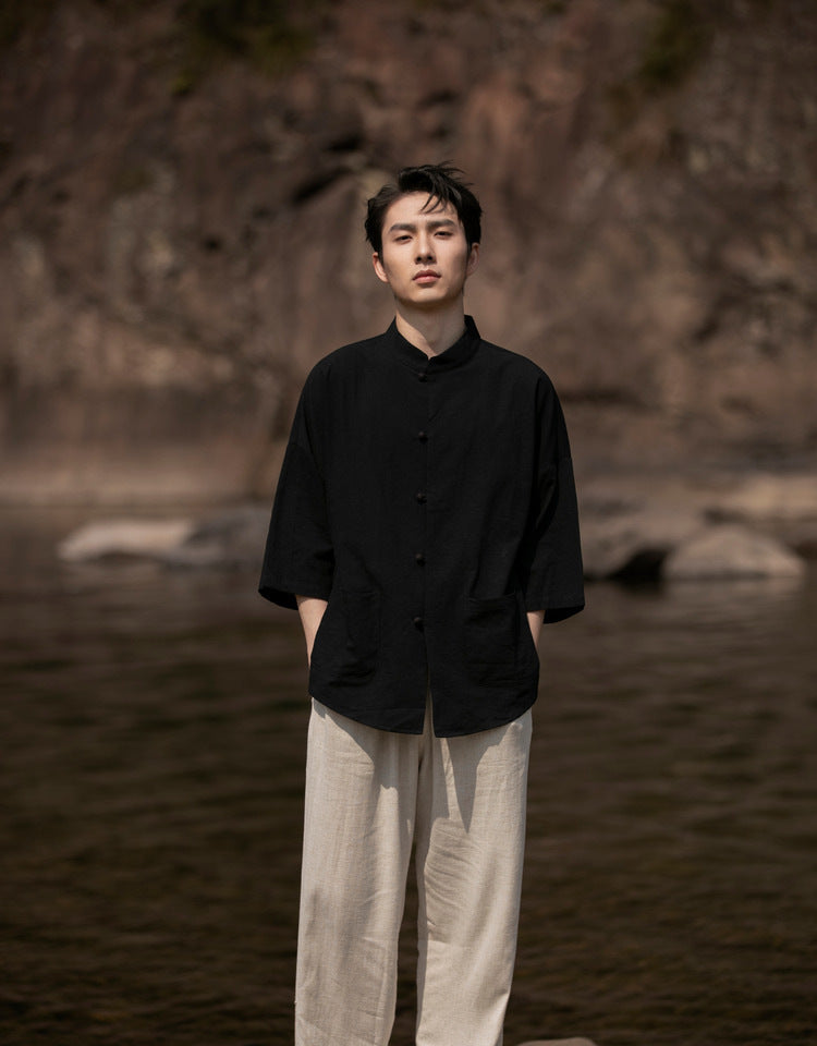 Summer Chinese Cotton Linen Shirt Men Casual Thin Youth Trend Top