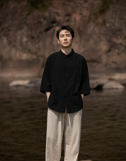 Summer Chinese Cotton Linen Shirt Men Casual Thin Youth Trend Top