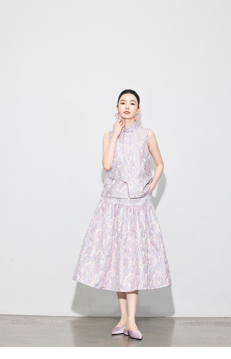 Brocade Jacquard Heavy Craft Puff Skirt & Vest Set for Autumn