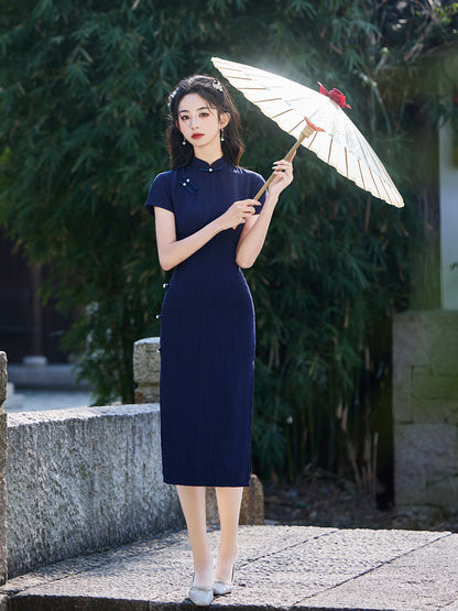 Striped Cotton Linen Cheongsam – 2025 Vintage Artistic Dress