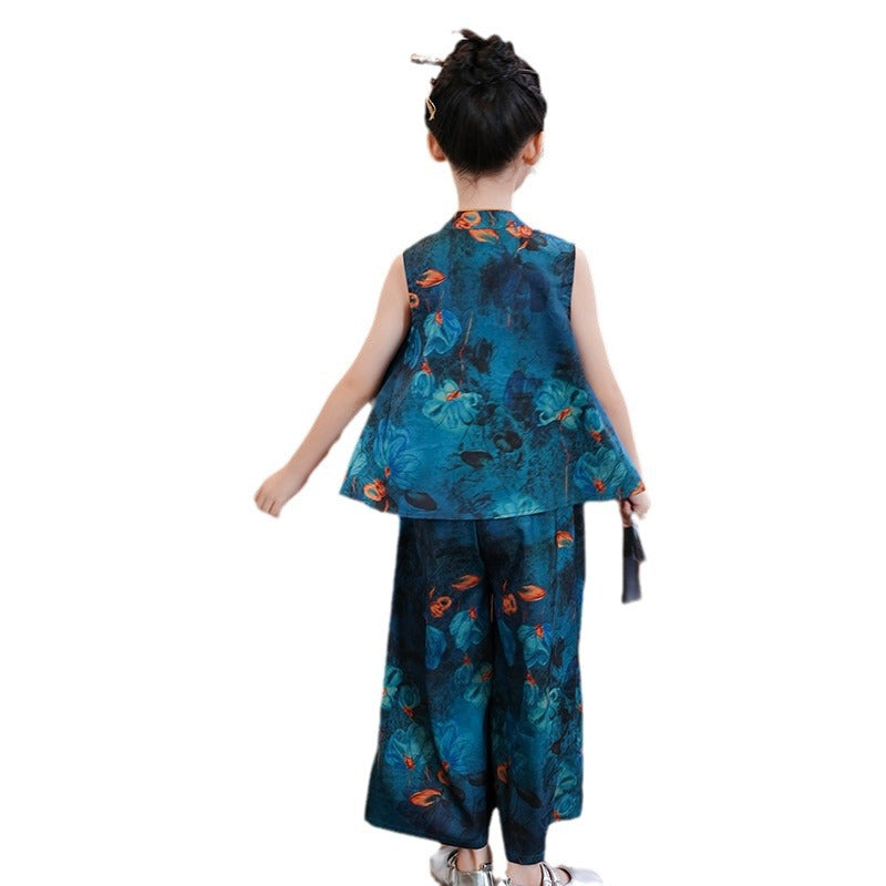Children’s Summer Hanfu — Floral Top & Comfortable Wide-Leg Pants