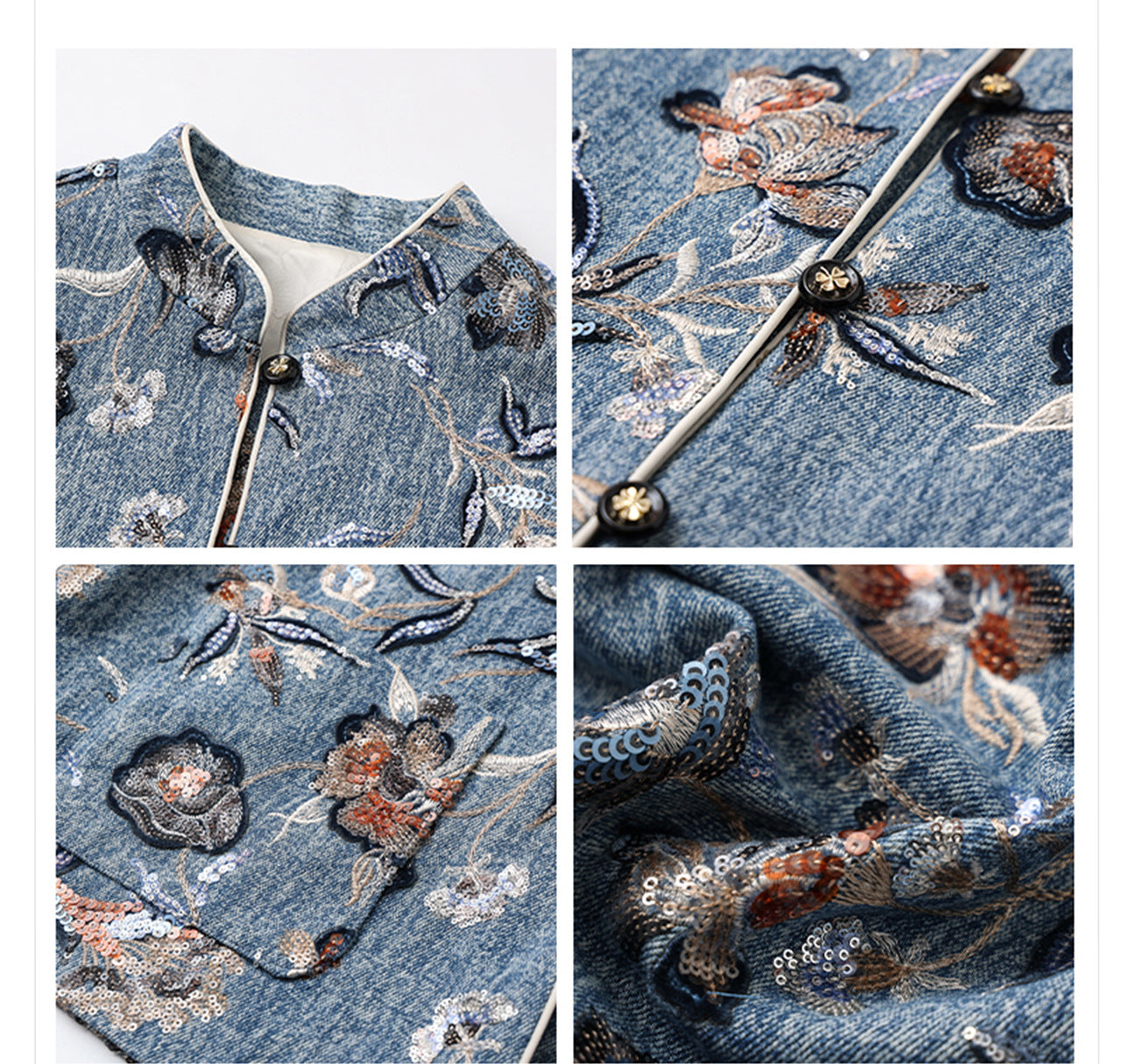 New Chinese Style Denim Jacket | Sequin Embroidery Elegant National Top