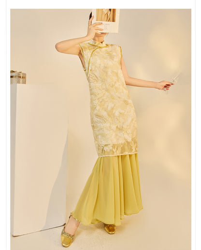 New Chinese Style Printed Cheongsam | Autumn Elegant Beaded Dress