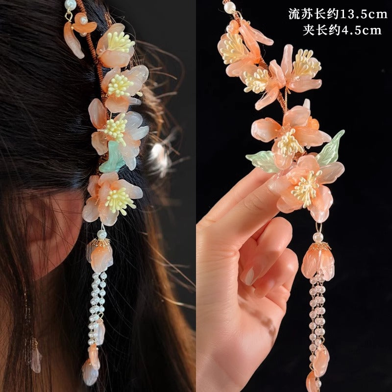 Orchid tassel headdress with side clips and new Chinese flower hairpins