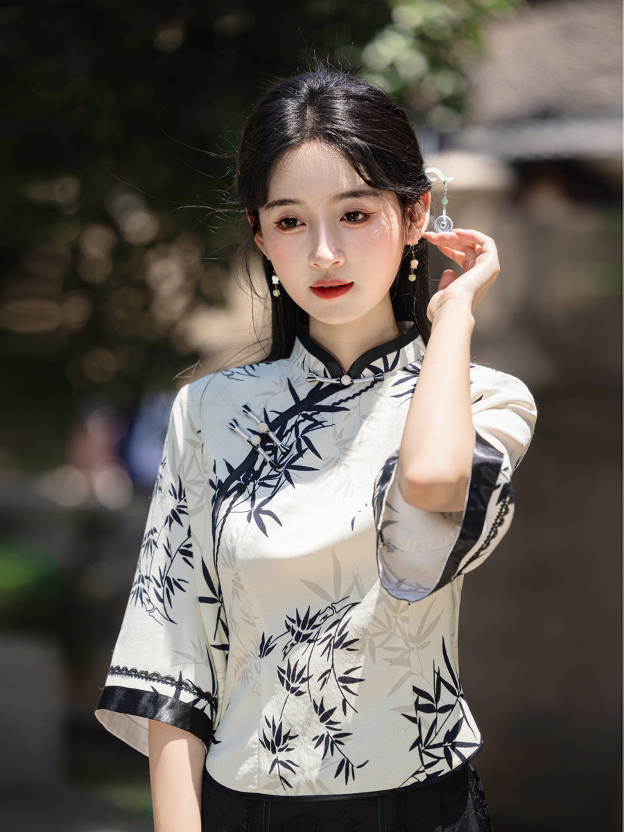 Elegant Improved Cheongsam Top & Hanfu Ink Design Skirt Set