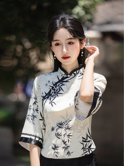 Elegant Improved Cheongsam Top & Hanfu Ink Design Skirt Set