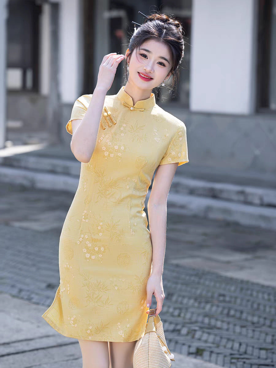 Yellow Cheongsam 2025 – Summer Slim Fit Elegant Daily Dress