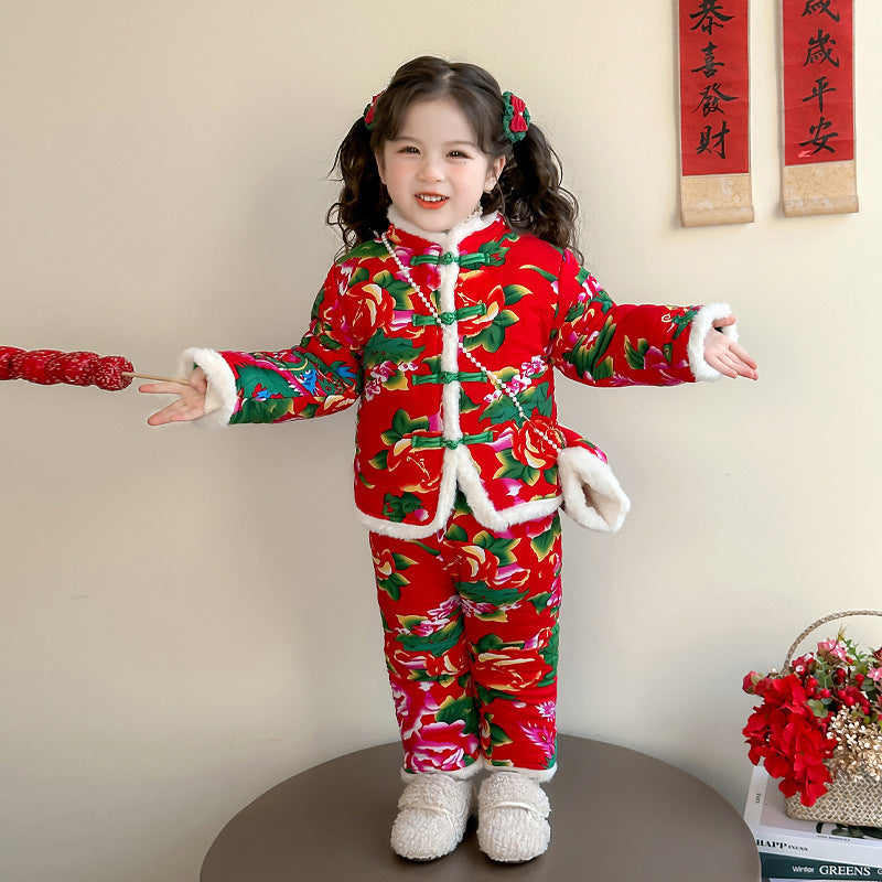 Winter Girls Floral Jacket & Pants Thickened Two-Piece Set