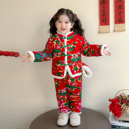 Winter Girls Floral Jacket & Pants Thickened Two-Piece Set