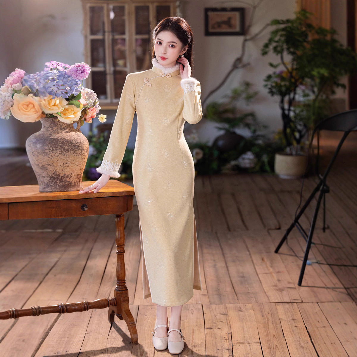 Yellow Fleece-Lined Qipao | Winter Thickened Long Sleeve New Chinese Style 2025