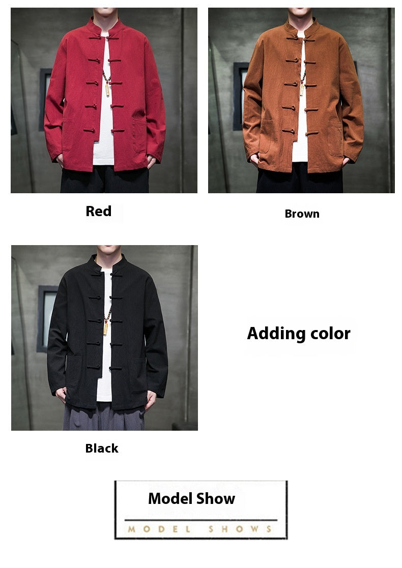 Mens Autumn Chinese Style Hanfu Tang Suit Button Up Cotton Linen Top