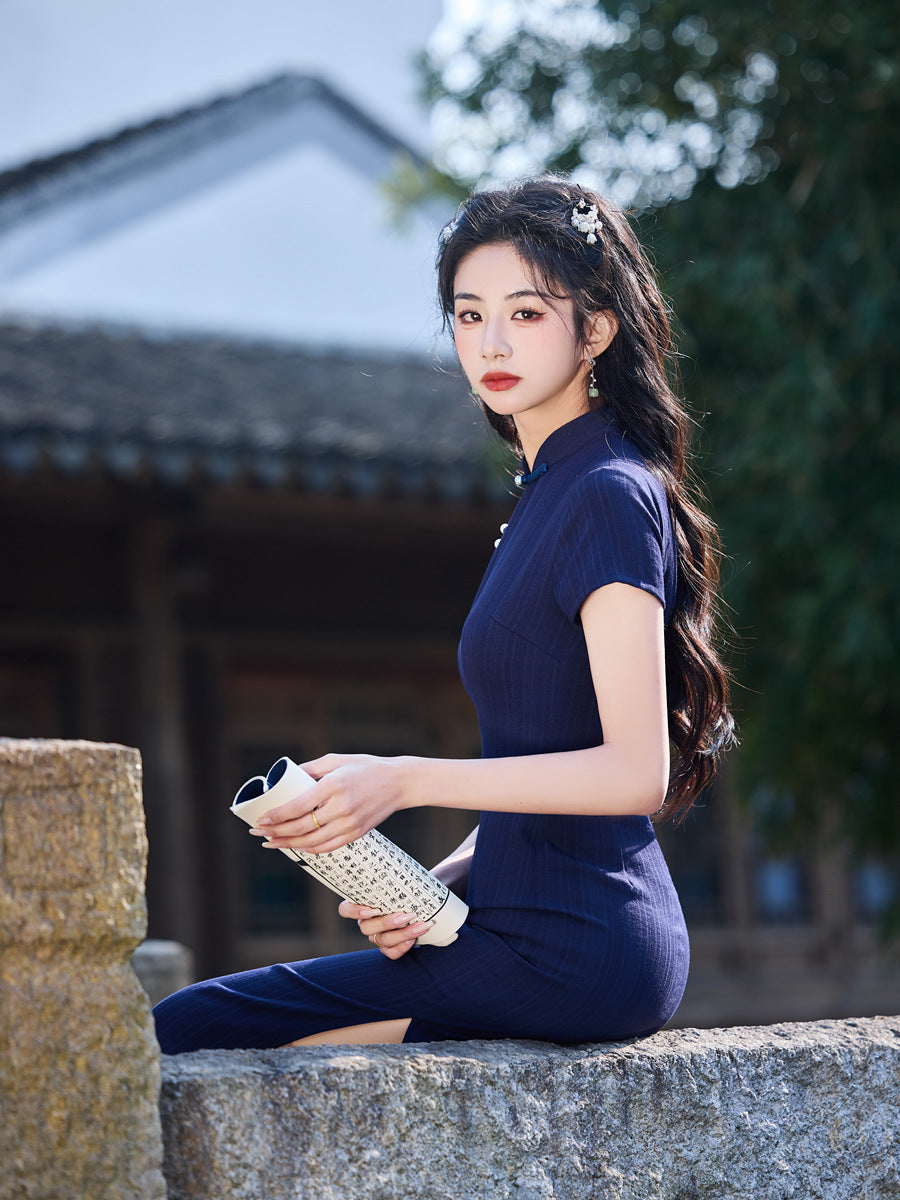 Striped Cotton Linen Cheongsam – 2025 Vintage Artistic Dress