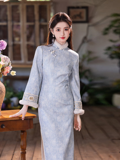Gentle Brightening Cheongsam | New Chinese Style Winter Thickened Fleece Dress
